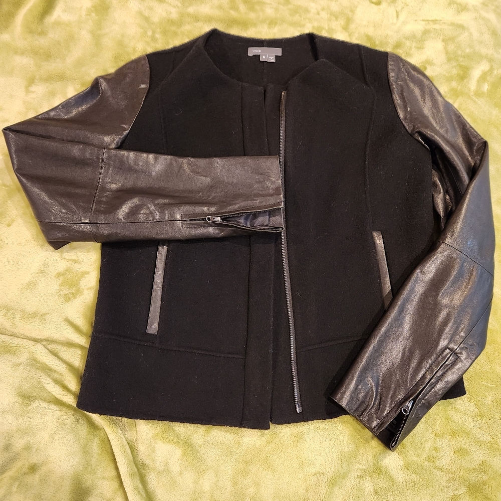 Vince Black Wool Body Jacket with Leather Sleeves